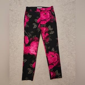 Black Floral Pink Rose Print Stretch Pants